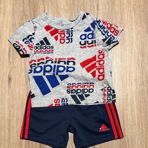 adidas Gray Logo Tee & Navy Shorts Set with Red Accents